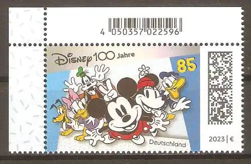 Briefmarke BRD Mi.Nr. 3754 ** Bogenecke oben links - 100 Jahre Walt Disney Studios 2023 / Pluto, Daisy Duck, Goofy, Micky Maus, Minnie Maus und Donald Duck #