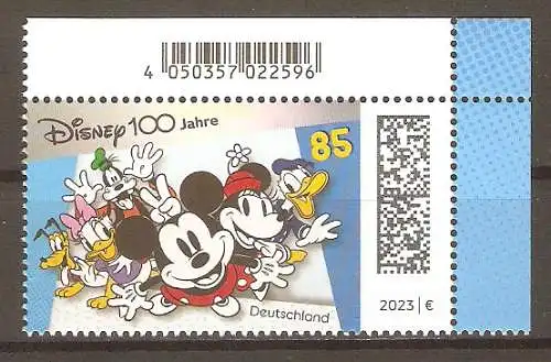 Briefmarke BRD Mi.Nr. 3754 ** Bogenecke oben rechts - 100 Jahre Walt Disney Studios 2023 / Pluto, Daisy Duck, Goofy, Micky Maus, Minnie Maus und Donald Duck #