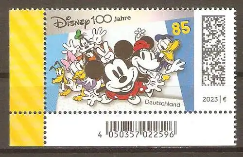 Briefmarke BRD Mi.Nr. 3754 ** Bogenecke unten links - 100 Jahre Walt Disney Studios 2023 / Pluto, Daisy Duck, Goofy, Micky Maus, Minnie Maus und Donald Duck #