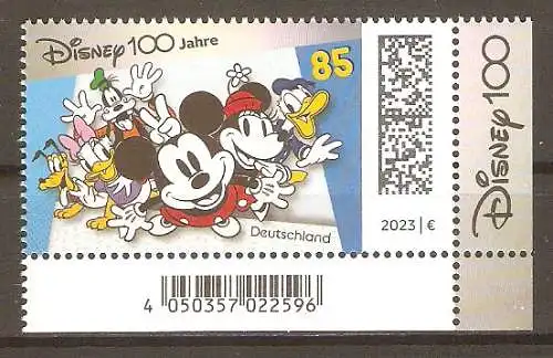 Briefmarke BRD Mi.Nr. 3754 ** Bogenecke unten rechts - 100 Jahre Walt Disney Studios 2023 / Pluto, Daisy Duck, Goofy, Micky Maus, Minnie Maus und Donald Duck #2024509