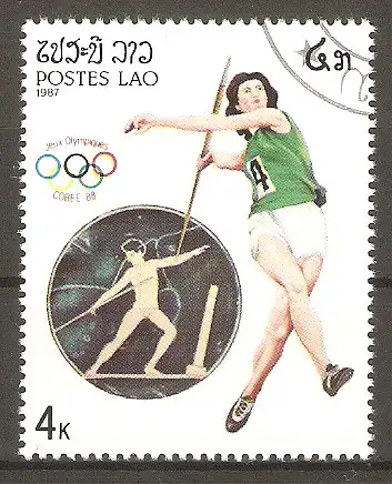 Briefmarke Laos Mi.Nr. 977 o Olympische Sommerspiele Seoul 1988 / Speerwerfen #