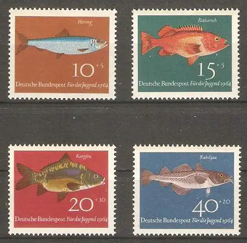 Briefmarke BRD Mi.Nr. 412-415 ** Fische 1964 / Hering, Rotbarsch, Karpfen, Kabeljau / Kompletter Satz ! #2024552