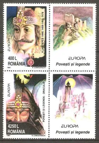 Briefmarke Rumänien Mi.Nr. 5253 Zf–5254 Zf ** Viererblock ! Europa CEPT 1992 / Sagen und Legenden - Vlad Țepeș, Wojwode der Walachei & Dracula / Kompletter Satz ! #