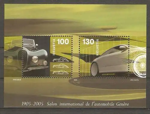 Briefmarke Schweiz Block 38 ** (Mi.Nr. 1911-1912) 100 Jahre Automobil-Salon Genf 2005 / Automodelle von gestern und morgen #