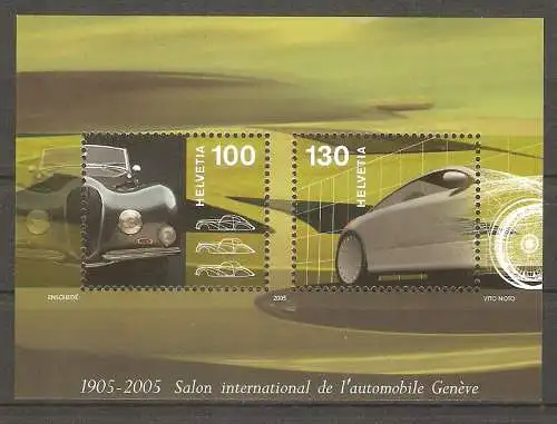 Briefmarke Schweiz Block 38 ** (Mi.Nr. 1911-1912) 100 Jahre Automobil-Salon Genf 2005 / Automodelle von gestern und morgen #2024559