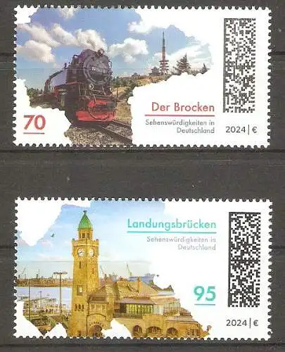 Briefmarke BRD Mi.Nr. 3817-3818 ** Sehenswürdigkeiten in Deutschland 2024 / Lokomotive der Brockenbahn & Landungsbrücken am Hamburger Hafen / Kompletter Satz ! #