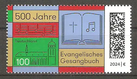 Briefmarke BRD Mi.Nr. 3809 ** 500 Jahre Evangelisches Gesangbuch 2024 / Notenzeile, Gesangbuch und Schlosskirche Wittenberg #