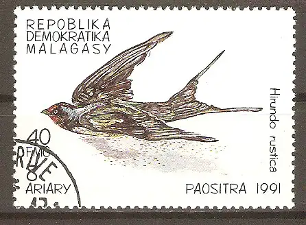 Briefmarke Madagaskar Mi.Nr. 1330 o Vögel 1991 / Rauchschwalbe (Hirundo rustica) #