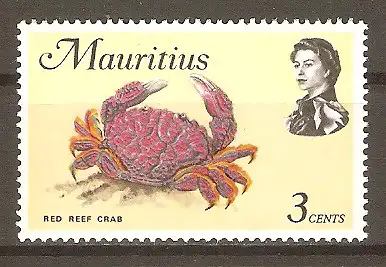 Briefmarke Mauritius Mi.Nr. 332 X ** Meerestiere 1969 / Rote Riffkrabbe (Zoozymus aeneus) #