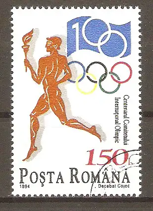 Briefmarke Rumänien Mi.Nr. 4999 o 100 Jahre Internationales Olympisches Komitee (IOC) 1994 / Fackelläufer & Jubiläumsemblem #