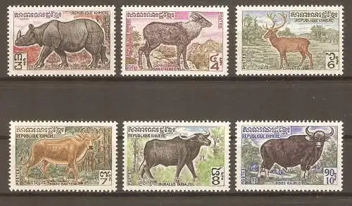 Briefmarke Kambodscha Mi.Nr. 338-343 ** Einheimische Paarhufer 1972 / Java-Nashorn, Serau, Leierhirsch, Banteng, Hausbüffel, Gaur / Kompletter Satz !  #