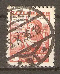 Briefmarke Österreich Mi.Nr. 568 o Österreichische Volkstrachten 1934 / Bäuerin auf dem Gang zum Wochenmarkt & Schloss Forchtenstein #