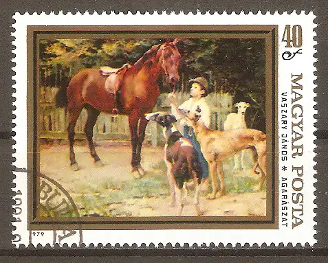 Briefmarke Ungarn Mi.Nr. 3362 A o Tiergemälde 1979 / "Kind mit Pferd und Windhunden" von János Vaszary #