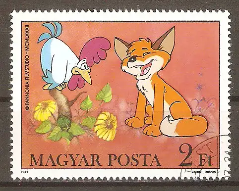 Briefmarke Ungarn Mi.Nr. 3582 A o Zeichentrickfilm „Vuk, der kleine Fuchs“ 1982 / Vuk und der Hahn #