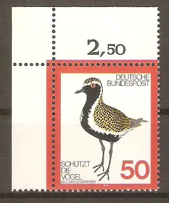 Briefmarke BRD Mi.Nr. 901 ** Bogenecke oben links - Vogelschutz 1976 / Goldregenpfeifer (Pluvialis apricaria) #