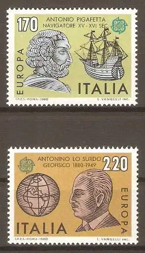 Briefmarke Italien Mi.Nr. 1686-1687 ** Europa CEPT 1980 / Antonio Pigafetta (Seefahrer) & Antonino Lo Surdo (Geophysiker) / Kompletter Satz ! #