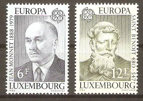 Briefmarke Luxemburg Mi.Nr. 1009-1010 ** Europa CEPT 1980 / Jean Monnet (Wirtschaftspolitiker) & Hl. Benedikt von Nursia (Ordensgründer) / Kompletter Satz ! #