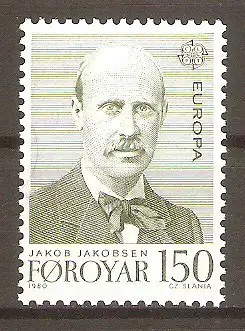 Briefmarke Färöer Mi.Nr. 53 ** Europa CEPT 1980 / Jakob Jakobsen (Sprachforscher, Ethnologe) #