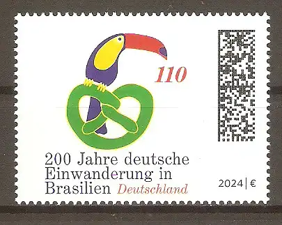 Briefmarke BRD Mi.Nr. 3833 ** 200 Jahre deutsche Einwanderer in Brasilien 2024 / Riesentukan (Ramphastos toco) auf grüner Brezel #