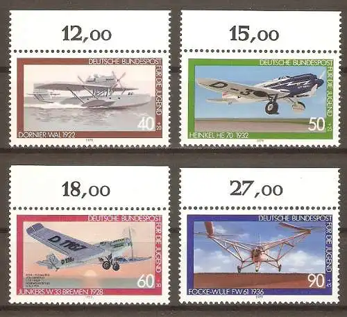 Briefmarke BRD Mi.Nr. 1005-1008 ** Oberrand - Jugend 1979 / Flugboot Dornier „Wal“, Schnellverkehrsflugzeug Heinkel He 70, Verkehrsflugzeug Junkers W 33 „Bremen“, Hubschrauber Focke-Wulf Fw 61 / Kompletter Satz ! #