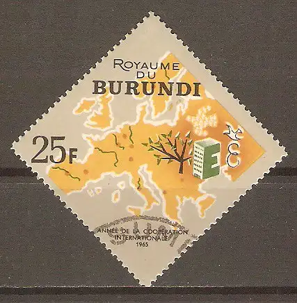 Briefmarke Burundi Mi.Nr. 198 A o Jahr der internationalen Zusammenarbeit 1965 / Karte von Europa & Motive von CEPT-Gemeinschaftsausgaben 1958/1962 #