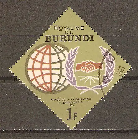 Briefmarke Burundi Mi.Nr. 193 A o Jahr der internationalen Zusammenarbeit 1965 / Karte von Afrika & Symbol für technische Entwicklung #