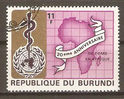 Briefmarke Burundi Mi.Nr. 468 A o 20 Jahre Weltgesundheitsorganisation WHO 1969 / Landkarte von Afrika, Äskulapstab, UNO-Emblem #