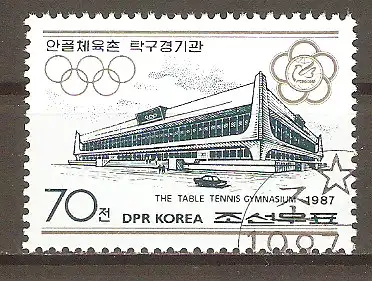 Briefmarke Korea-Nord Mi.Nr. 2862 o Wettkampfstätten an der Chongchun-Straße in Pjöngjang 1987 / Tischtennishalle #