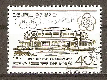 Briefmarke Korea-Nord Mi.Nr. 2861 o Wettkampfstätten an der Chongchun-Straße in Pjöngjang 1987 / Gewichtheberhalle #