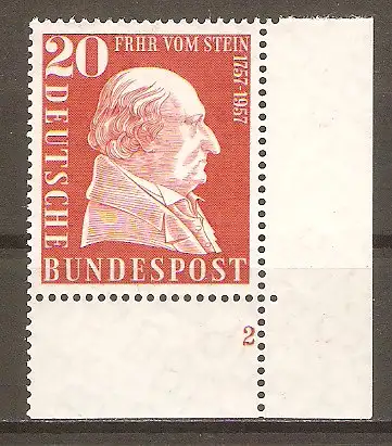 Briefmarke BRD Mi.Nr. 277 ** BOGENECKE u.r. mit FORMNUMMER 2 / 200. Geburtstag von Karl Reichsfreiherr vom und zum Stein 1957 #
