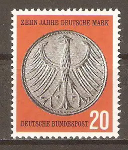 Briefmarke BRD Mi.Nr. 291 ** 10 Jahre Deutsche Mark 1958 / Wappenseite einer 5-DM-Münze #