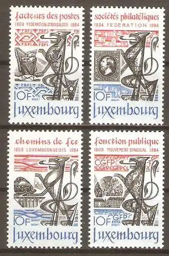 Briefmarke Luxemburg Mi.Nr. 1091-1094 **  Jahresereignisse 1984 / 50 Jahre Verband der Luxemburger Philatelistenvereine; 75 Jahre Gewerkschaftsbewegung im öffentlichen Dienst; 75 Jahre Luxemburger Briefträgerverband; 125 Jahre Luxemburger Eisenbahn...