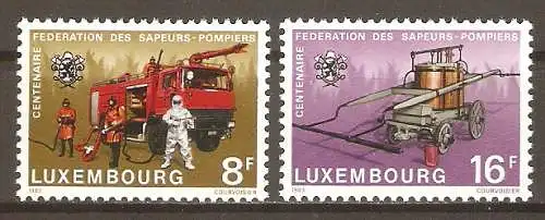 Briefmarke Luxemburg Mi.Nr. 1068-1069 ** 100 Jahre Luxemburger Landes-Feuerwehrverband 1983 / Feuerwehrleute, Löschwagen, Emblem & Feuerspritze (18. Jh.), Emblem / Kompletter Satz ! #