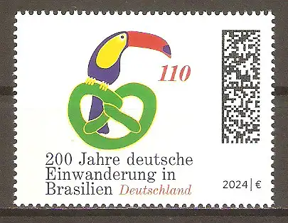 Briefmarke BRD Mi.Nr. 3833 ** 200 Jahre deutsche Einwanderer in Brasilien 2024 / Riesentukan (Ramphastos toco) auf grüner Brezel #