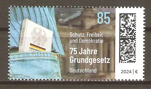 Briefmarke BRD Mi.Nr. 3830 ** 75 Jahre Grundgesetz 2024 / Grundgesetzbuch & Detail des Reichstagsgebäudes in Berlin #