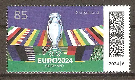 Briefmarke BRD Mi.Nr. 3835 ** UEFA-Fußball-Europameisterschaft Deutschland 2024 / Henri-Delaunay-Pokal vor Stadionkulisse #