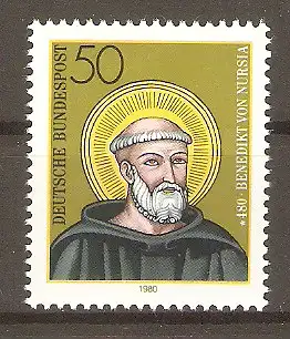 Briefmarke BRD Mi.Nr. 1055 ** 1500. Geburtstag des Hl. Benedikt von Nursia 1980 / Ordensgründer und Schutzpatron Europas #