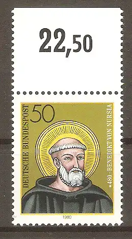 Briefmarke BRD Mi.Nr. 1055 ** Oberrand - 1500. Geburtstag des Hl. Benedikt von Nursia 1980 / Ordensgründer und Schutzpatron Europas #