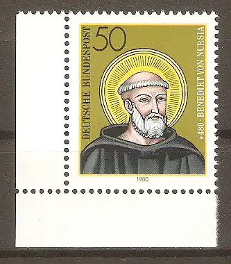 Briefmarke BRD Mi.Nr. 1055 ** Bogenecke u.l. - 1500. Geburtstag des Hl. Benedikt von Nursia 1980 / Ordensgründer und Schutzpatron Europas #