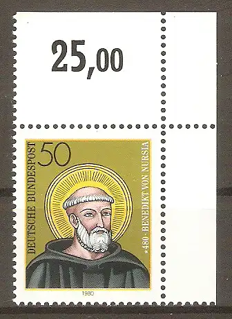 Briefmarke BRD Mi.Nr. 1055 ** Bogenecke o.r. - 1500. Geburtstag des Hl. Benedikt von Nursia 1980 / Ordensgründer und Schutzpatron Europas #