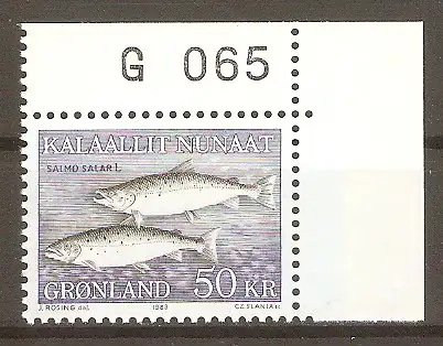 Briefmarke Grönland Mi.Nr. 140 ** Bogenecke mit Marginalnummer - Meeresfauna 1983 / Atlantischer Lachs (Salmo salar) #