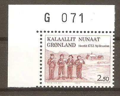 Briefmarke Grönland Mi.Nr. 146 ** Bogenecke mit Marginalnummer - 250. Jahrestag der Ankunft der Herrnhuter Missionare auf Grönland 1983 / Bläserquartett der Herrnhut-Station (um 1900) #