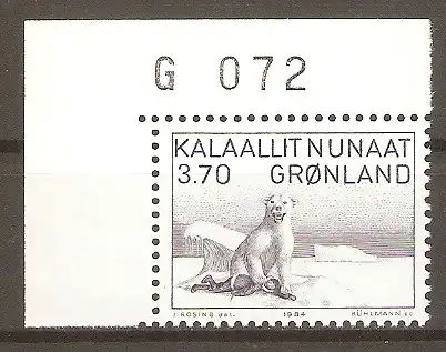 Briefmarke Grönland Mi.Nr. 147 ** Bogenecke mit Marginalnummer - Kunst 1984 / "Eisbär tötet Fänger" Zeichnung von Kârale Andreassen #