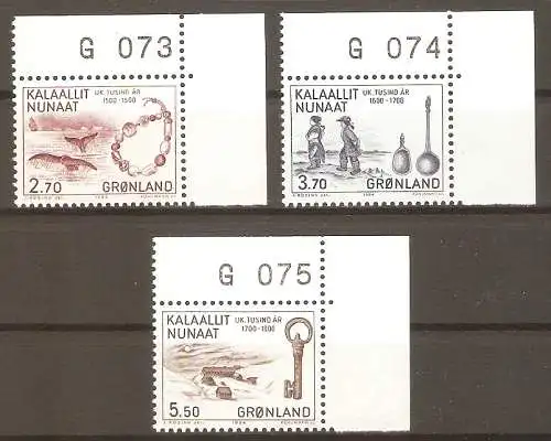 Briefmarke Grönland Mi.Nr. 148-150 ** Bogenecke mit Marginalnummer - 1000. Jahrestag der Besiedelung Grönlands durch Europäer 1984 / Kompletter Satz ! #