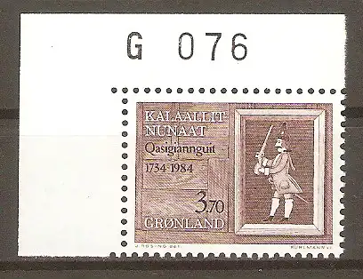 Briefmarke Grönland Mi.Nr. 152 ** Bogenecke mit Marginalnummer - 250 Jahre Stadt Christianshåb (Qasigiangguit) 1984 / "Soldat" - Schild am Königlich Grönländischen Handelshaus in Christianshåb #