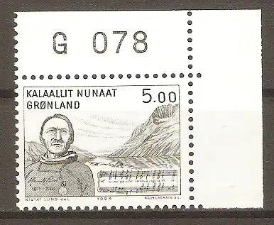 Briefmarke Grönland Mi.Nr. 153 ** Bogenecke mit Marginalnummer - Kunst 1984 / Henrik Lund (Komponist) - Noten aus der grönländischen Nationalhymne #