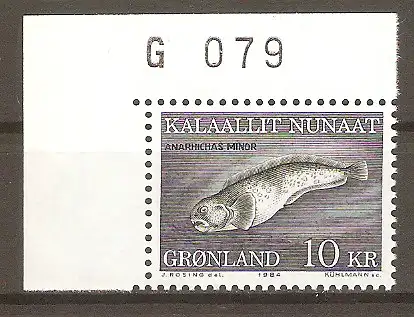 Briefmarke Grönland Mi.Nr. 154 ** Bogenecke mit Marginalnummer - Meeresfauna 1984 / Gefleckter Seewolf (Anarhichas minor) #