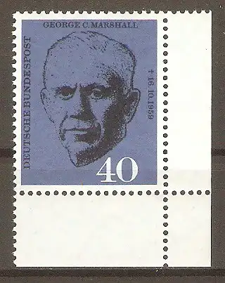 Briefmarke BRD Mi.Nr. 344 ** Bogenecke u.r. -  1. Todestag von George C. Marshall 1960 / Amerikanischer General und Staatsmann #