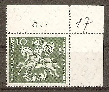 Briefmarke BRD Mi.Nr. 346** Bogenecke o.r. - 50 Jahre Pfadfinder in Deutschland 1961 / Hl. Georg (der Drachentöter), Schutzpatron der Pfadfinder #