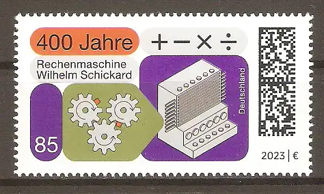 Briefmarke BRD Mi.Nr. 3786 ** Erfindung der ersten mechanischen Rechenmaschine durch Wilhelm Schickard vor 400 Jahren 2023 / Deutscher Astronom, Geodät und Mathematiker #